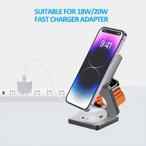 3-in-1 Desktop Wireless Charger Phone Stand, Compatible with Earphones and Watches, Square Wireless Phone Charger
