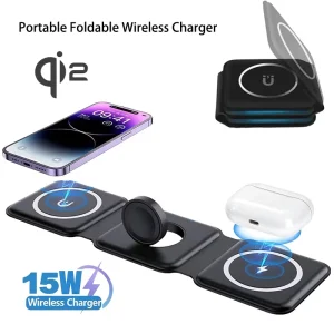 3-in-1 Fast 15W Foldable Magnetic Wireless Charger for Phones and Earphones