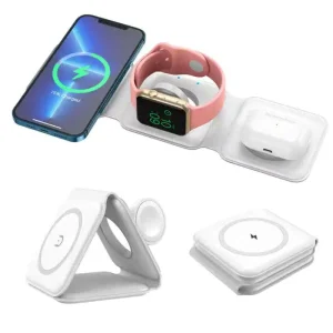 3-in-1 Foldable 15W Magnetic Wireless Charging Stand with Magnets, Fast Charging Station for Phones, Watches, and Earbuds