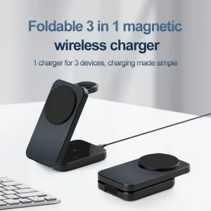 Latest Customized Product Foldable 3-in-1 Magnetic Wireless Charger Portable 15W Fast Wireless Charging Station for iPhone