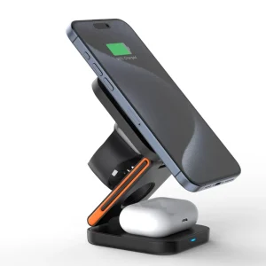 Multifunctional 3-in-1 Foldable Magnetic Wireless Charger Fast-Charging Desktop Phone Stand with OVP Protection