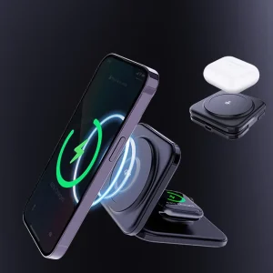 3-in-1 Foldable Magnetic Wireless Charging Station, Supports PD QC4.0, Type-C Port, 18W Fast Charging for Devices