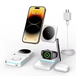 3-in-1 Smart Foldable Wireless Charger with Integrated Power Bank, RoHS Certified, for Phones, Watches, Earphones, and Headphones