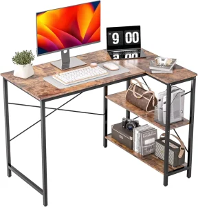35 Inch Brown L Shaped Computer Desk Reversible PC Study Writing Table Storage Shelves Home Office Gaming Small Space Furniture