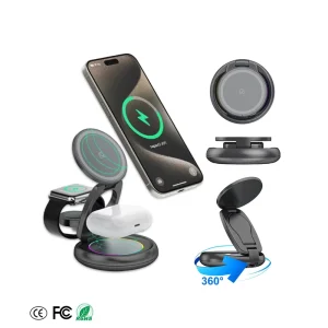 360° Rotatable 15W 3-in-1 Foldable Magnetic Fast Wireless Charger Desktop Stand for iPhone, Durable