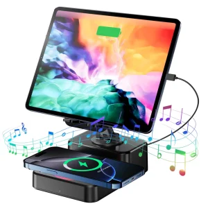 Foldable 360-Degree Rotating Wireless Charger with RGB Light, 15W Fast Charging, Speaker, and USB-A Port for iPhone, iPad, and Smartphones