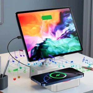 360° Rotatable Foldable Bluetooth Speaker with RGB Lights and Wireless Charger, Compatible with iPhone 17/16/15/14, iPad, and Smartphones