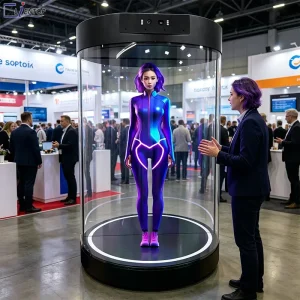 3D Holographic AI Interactive Showcase 178 Viewing Angle Holobox Desk Top Hologram Display Tube 21.5 Inch Indoor Education