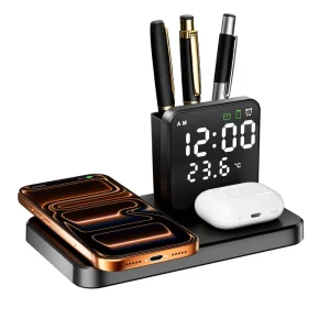 4-in-1 Magnetic Fast-Charging Stand Wireless Charging Station with Desktop Alarm Clock, Compatible with Samsung Wireless Chargers