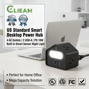 4 Outlets US Power Strip with 3 USB Ports PD 18W Fast Charge Desktop Hub and Night Light