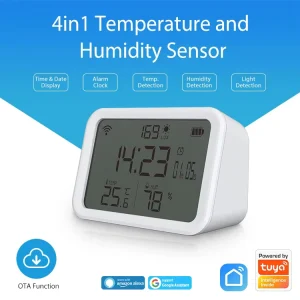 4 in 1 Smart Home Sensor Tuya WiFi Temperature Humidity Light Meter with Clock Display APP Remote Monitor