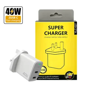 40W 3 in 1 Dual USB C PD3.0 QC3.0 Fast Charger UK Plug Smart IC Chip Fireproof Portable Travel Power Adapter for Laptop Camera