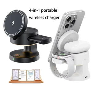 4-in-1 Magnetic Wireless Charger LED Portable Power Bank, 15W Fast Charging, Foldable Travel Stand Microphone, Compatible with iPhone and Watch