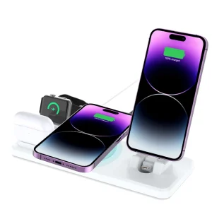 4-in-1 Wireless Charger, 15W Fast Charging Station, Foldable Charging Stand for iPhone 17/16/15/14, Watch, and Earphones