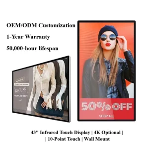 43 45 65 Inch Infrared Touch Interactive Digital Signage Indoor Wall Commercial Smart Ad Display Screen Billboard for Mall Shop