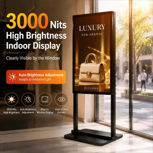 43 Inch Auto Brightness Indoor Digital Signage Display 3000 Nits High Brightness Free Standing Commercial LCD Advertising Screen