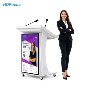43 Inch Multimedia Digital Podium Three Screen Design with 21.5 Inch Touch Control and Double Microphone for Presentation