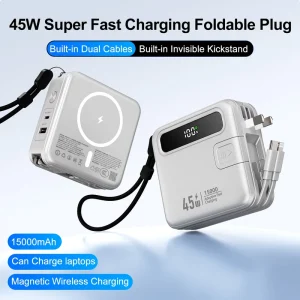 45W 15000mAh Portable Power Bank with PD QC Support, Fireproof High Capacity Battery Pack for Laptop Phones