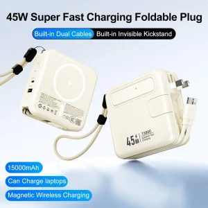 45W Foldable AC Plug Portable Power Bank 15000mAh Magnetic Wireless Charger Built in Dual Cables Kickstand External Battery Pack