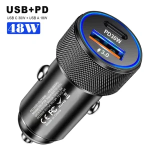 48W Dual Port Metal Car Charger PD30W QC3.0 Fast Charging Cigarette Lighter Adapter for iPhone 18 17 16 Samsung S26 S25