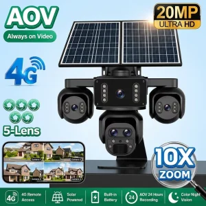 4G 5 Lens AOV Solar Outdoor PTZ Security Camera 4K Ultra HD CMOS IP66 Waterproof 24/7 Continuous Recording App