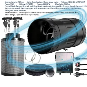 5″ Electric AC Ball Bearing Pipe Fan Complete Ventilation Kit OEM Multifunctional Smart App Controller Carbon Filter Ducting
