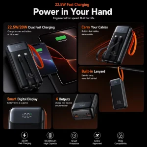 50000mAh PD22.5W Fast Charging Power Bank Portable Phone Charger with Digital LED Display 4 USB Output Ports Built-in Cable