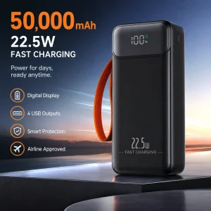 50000mAh Power Bank PD22.5W Fast Charging Portable Charger with LED Digital Display 4 USB Outputs Built-in Cable for Phones