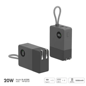 5000mAh 20W PD AC+DC All-in-One Power Bank Portable Charger with Built-in Plug & Lanyard 3C & PSE Certified