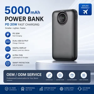 5000mAh Mini Ultra Thin Portable Power Bank PD20W Fast Charger Dual USB Output Lithium Polymer Battery with Digital Display