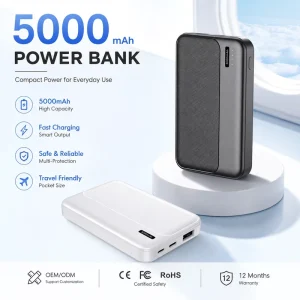 5000mAh Portable Power Bank Fast Charging Mobile Phone Battery Charger Factory Custom OEM ODM Compact Design Supplier