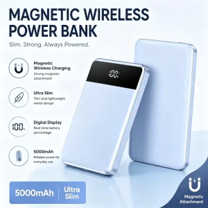 Factory 5000mAh Metal Ultra-Thin Magnetic Wireless Power Bank, PD 20W Fast Charging, Type-C, LCD Display, Portable Charger