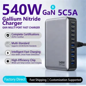 540W GaN Charger 10 Ports USB C Fast Charging Station Desktop PD 3.0 QC 3.0 for Laptop Office Multi Device