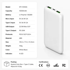 5V 2A 10000mAh Li-Polymer Power Bank Fast Charging USB for Heated Clothing & Accessories
