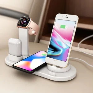 6-in-1 Wireless Charger Stand and Base for Smartphones, Watches, and Earbuds, Fast-Charging Desktop Power Hub
