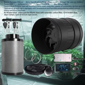 6″ Electric Axial Pipe Fan Complete Ventilation Kit Ball Bearing Multifunctional Smart App Controller Carbon Filter Ducting OEM