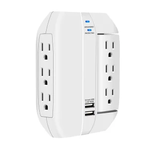 6 Grounded Outlets Wall Socket Surge Protector 2.1A Dual USB Charging 1350 Joules ABS Space Saver Swivel Grounded Indicator