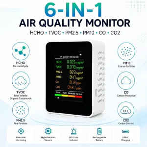 6 in 1 Professional Air Quality Monitor Detector For Home Hotel Office & Car CO2 Formaldehyde TVOC Temperature Humidity