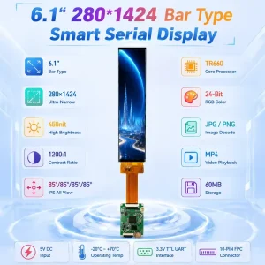 6.1 Inch 280×1424 3.3V TTL Bar Type Serial UART IPS TFT Screen Display with Built-in GUI for Industrial and Electronics