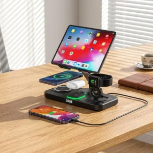 6-in-1 Foldable Rotatable Wireless Charging Station with Clock Display, Travel Foldable Charger for Apple Devices