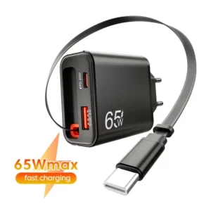 65W 20W PD Super Fast Charging Ultra Thin Mobile Phone Charger Adapter with Retractable Type C Cable for iPhone Samsung