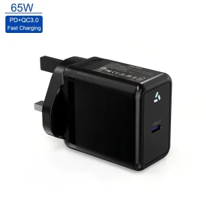 65W GaN Charger UK Plug UKCA Certified Single Type C Port PD Fast Charging Wall Charger Power Adapter Laptop Phone Tablet Camera