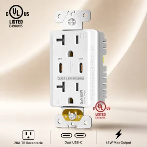 65W GaN Dual USB-C Wall Charger Outlet 20A NEMA 5-20R Tamper Resistant Duplex Receptacle 125V 60Hz CULus Listed