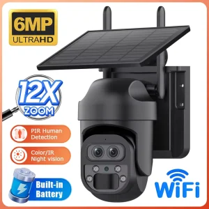 6MP 12X Zoom Solar Floodlight PTZ Camera IP66 Waterproof 7800mAh Battery Two Way Audio Night Vision Motion Network Camera