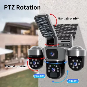 6MP CMOS Cellular WiFi Solar PTZ Wireless Security Camera Triple Lens Wide Angle Night Vision Full Color IP66 Waterproof