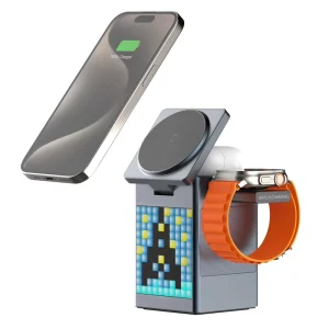 6in1 Multifunction Blue Tooth Speaker Magnetic Wireless Charger with Alarm Clock Pixel Animation for Phone Smart Watch Earphone
