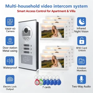 7 Inch Smart Video Door Phone 4-Wired Doorbell RFID Unlock 6 Unit Multi-Apartment Outdoor Touch Screen 1080P Motion