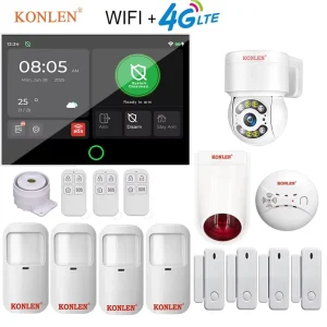 7 Inch Touch Screen Tuya Smart Home 4G WIFI GSM Wireless Security Alarm System ABS Smoke Detector Outdoor Camera Strobe Siren