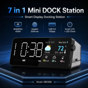 7-in-1 USB-C Dock,LED Clock+2″ LCD,4K HDMI,Gigabit LAN,5Gbps USB,100W PD Desk Hub