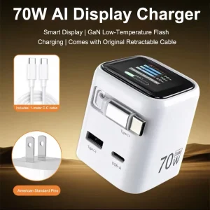70W Ai Charger with TFT Display Retractable Cable 80cm USB C QC3.0 PD GaN Fast AI Smart Travel Charger for Mobile Phone Laptop
